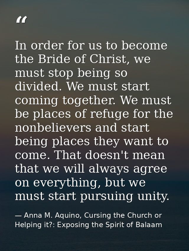 In order for us to become the Bride of Christ, we must stop being so divided. We must start coming together. We must be  — Anna M. Aquino, Cursing the Church or Helping it?: Exposing the Spirit of Balaam