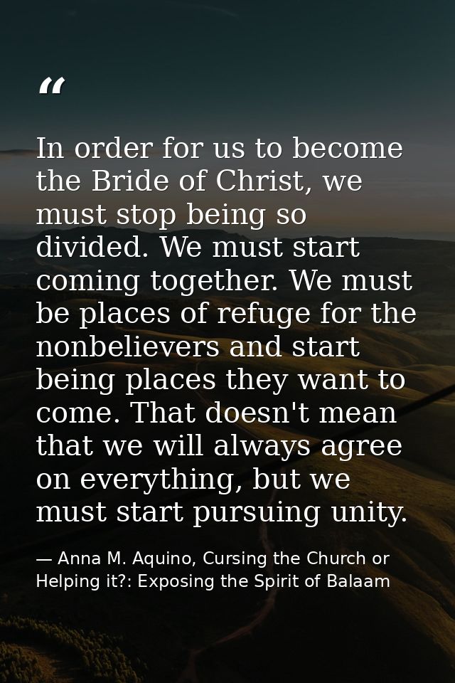 In order for us to become the Bride of Christ, we must stop being so divided. We must start coming together. We must be  — Anna M. Aquino, Cursing the Church or Helping it?: Exposing the Spirit of Balaam