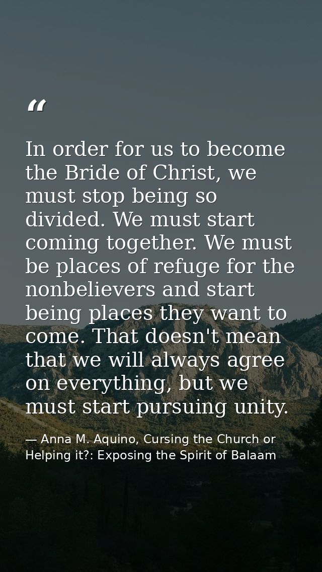 In order for us to become the Bride of Christ, we must stop being so divided. We must start coming together. We must be  — Anna M. Aquino, Cursing the Church or Helping it?: Exposing the Spirit of Balaam