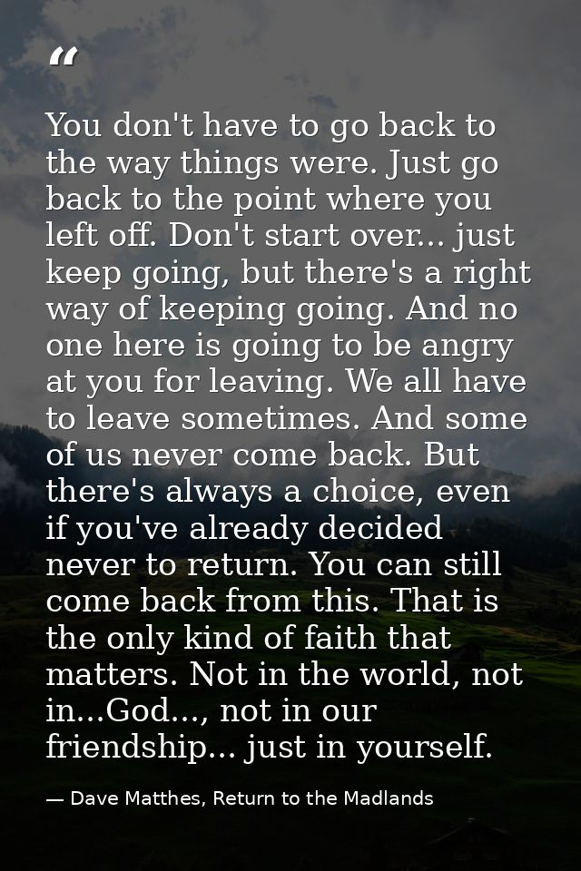 You don't have to go back to the way things were. Just go back to the point where you left off. Don't start over... just — Dave Matthes, Return to the Madlands