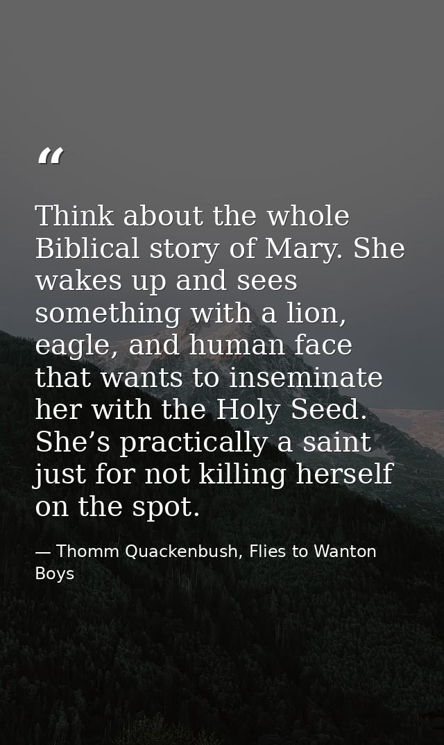 Think about the whole Biblical story of Mary. She wakes up and sees something with a lion, eagle, and human face that wa — Thomm Quackenbush, Flies to Wanton Boys