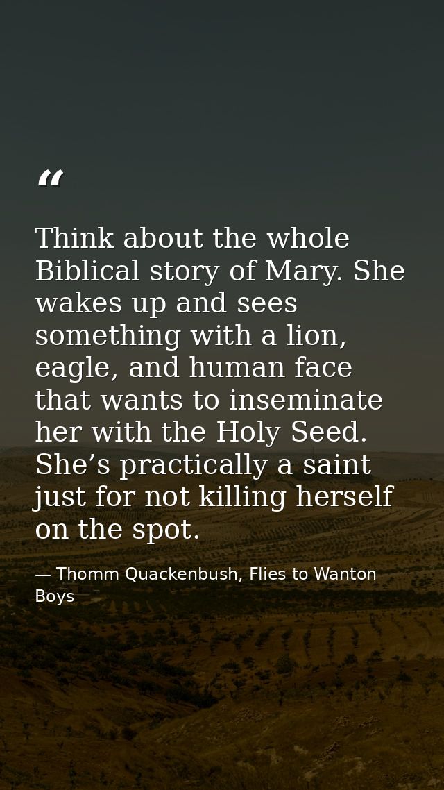 Think about the whole Biblical story of Mary. She wakes up and sees something with a lion, eagle, and human face that wa — Thomm Quackenbush, Flies to Wanton Boys