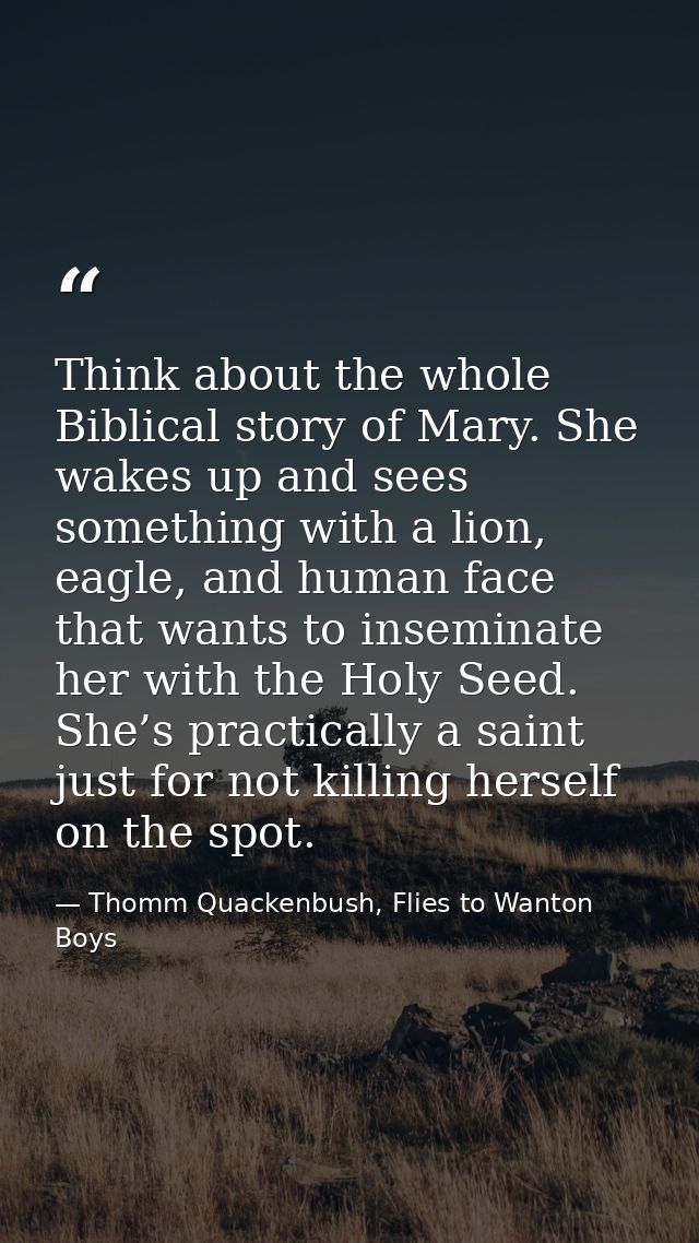 Think about the whole Biblical story of Mary. She wakes up and sees something with a lion, eagle, and human face that wa — Thomm Quackenbush, Flies to Wanton Boys