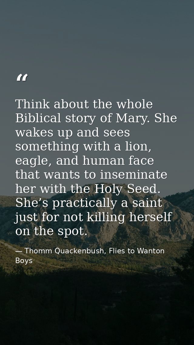 Think about the whole Biblical story of Mary. She wakes up and sees something with a lion, eagle, and human face that wa — Thomm Quackenbush, Flies to Wanton Boys