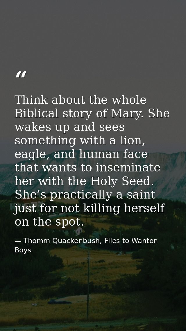 Think about the whole Biblical story of Mary. She wakes up and sees something with a lion, eagle, and human face that wa — Thomm Quackenbush, Flies to Wanton Boys