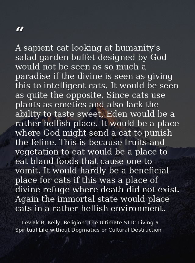 A sapient cat looking at humanity's salad garden buffet designed by God would not be seen as so much a paradise if the d — Leviak B. Kelly, Religion: The Ultimate STD: Living a Spiritual Life without Dogmatics or Cultural Destruction