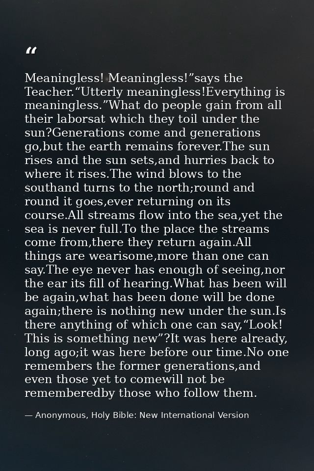 Meaningless! Meaningless!”says the Teacher.“Utterly meaningless!Everything is meaningless.”What do people gain from all  — Anonymous, Holy Bible: New International Version
