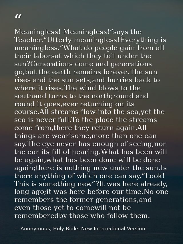 Meaningless! Meaningless!”says the Teacher.“Utterly meaningless!Everything is meaningless.”What do people gain from all  — Anonymous, Holy Bible: New International Version