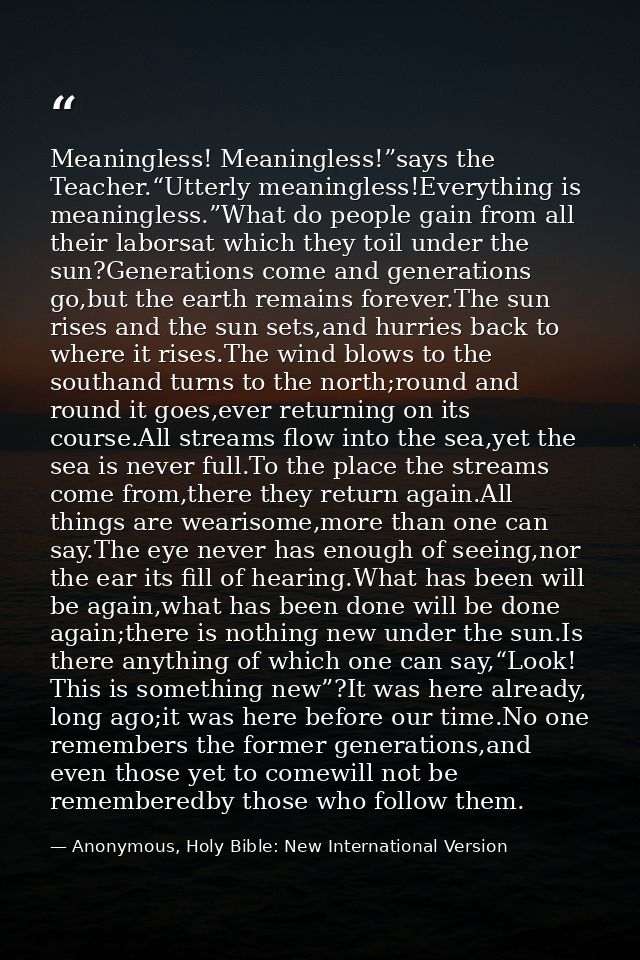 Meaningless! Meaningless!”says the Teacher.“Utterly meaningless!Everything is meaningless.”What do people gain from all  — Anonymous, Holy Bible: New International Version