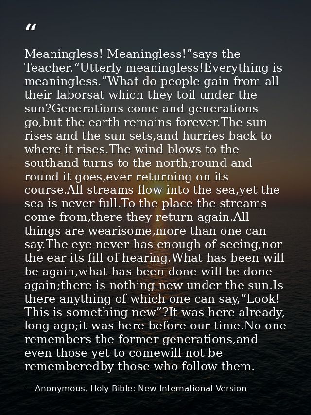 Meaningless! Meaningless!”says the Teacher.“Utterly meaningless!Everything is meaningless.”What do people gain from all  — Anonymous, Holy Bible: New International Version