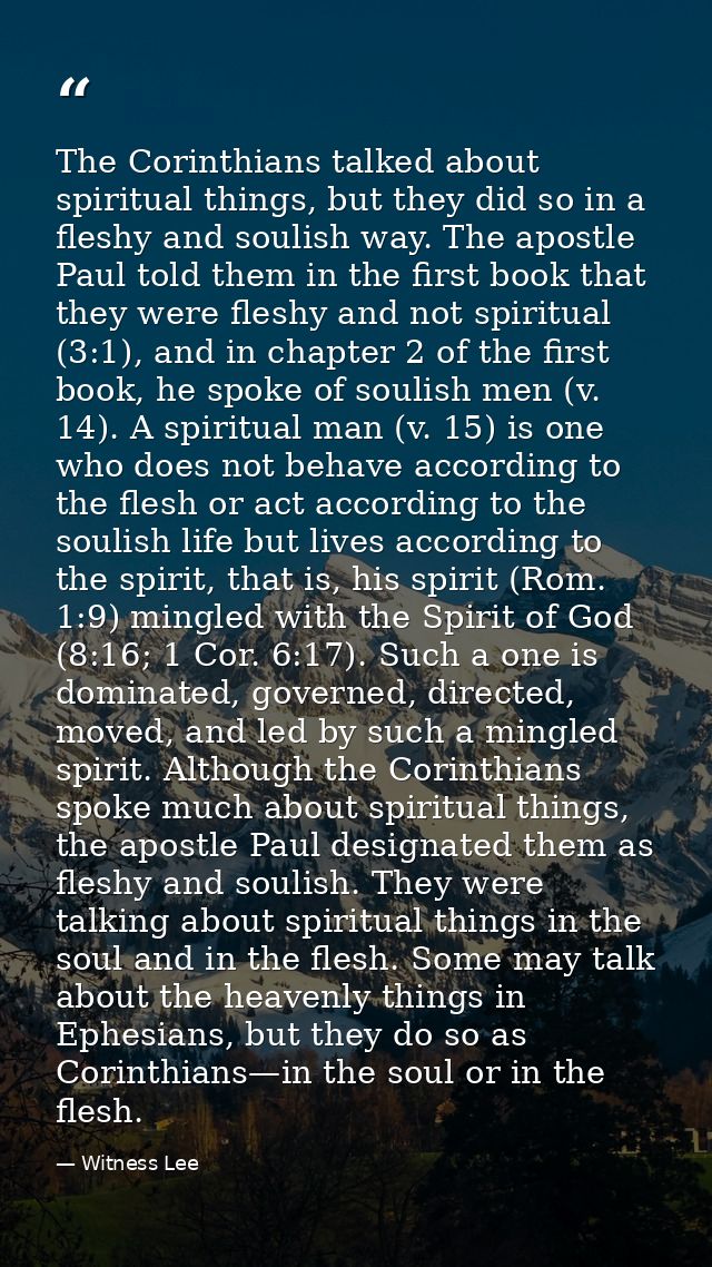 The Corinthians talked about spiritual things, but they did so in a fleshy and soulish way. The apostle Paul told them i — Witness Lee