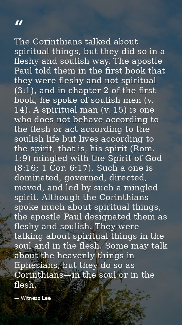 The Corinthians talked about spiritual things, but they did so in a fleshy and soulish way. The apostle Paul told them i — Witness Lee