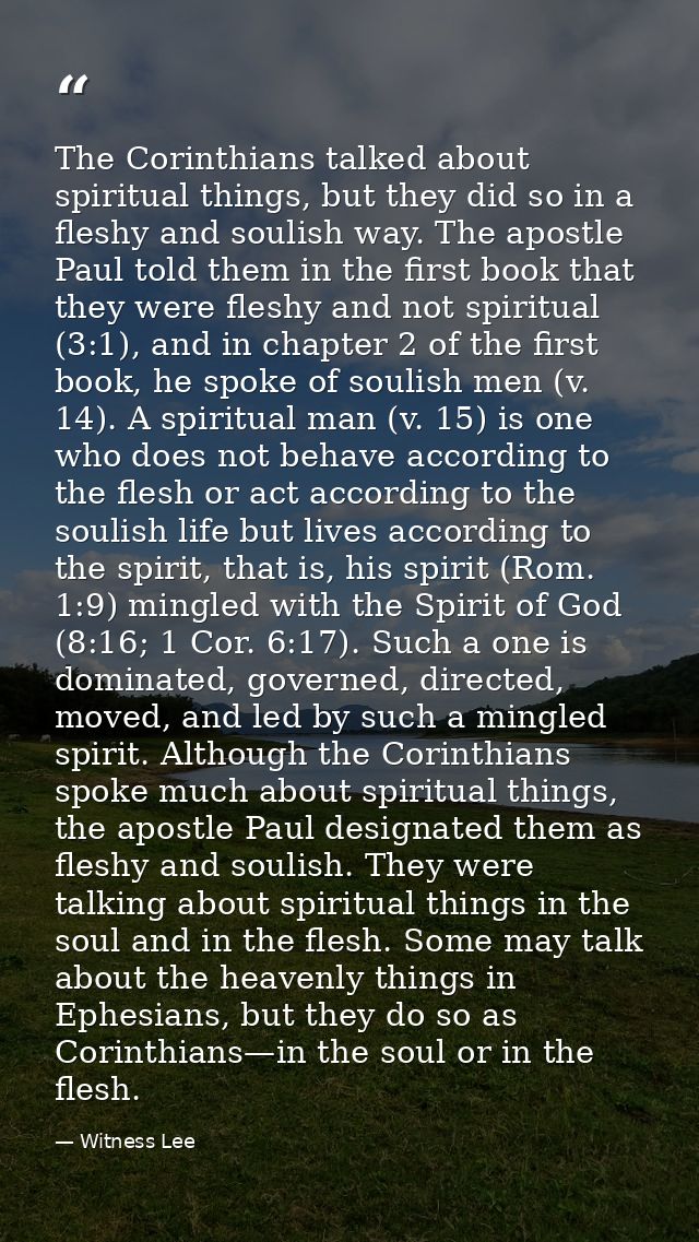 The Corinthians talked about spiritual things, but they did so in a fleshy and soulish way. The apostle Paul told them i — Witness Lee