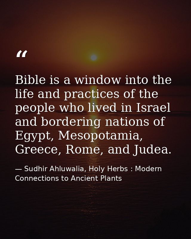 Bible is a window into the life and practices of the people who lived in Israel and bordering nations of Egypt, Mesopota — Sudhir Ahluwalia, Holy Herbs : Modern Connections to Ancient Plants