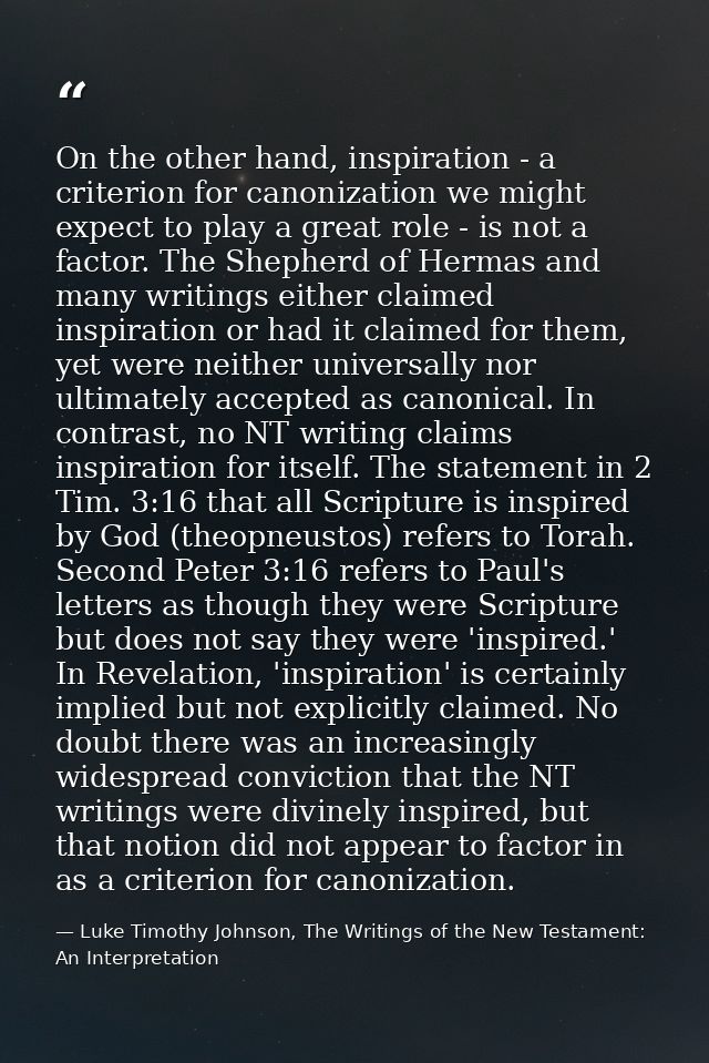 On the other hand, inspiration - a criterion for canonization we might expect to play a great role - is not a factor. Th — Luke Timothy Johnson, The Writings of the New Testament: An Interpretation
