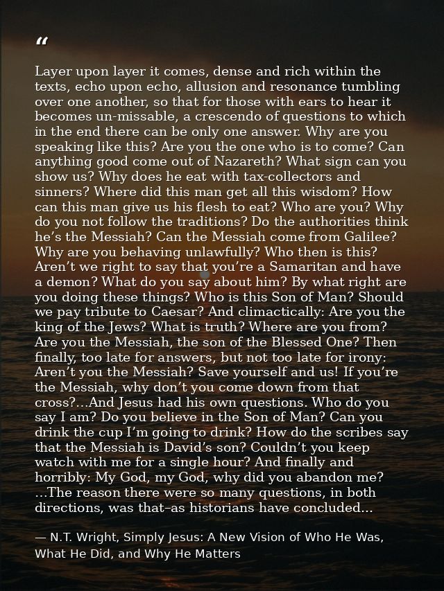 Layer upon layer it comes, dense and rich within the texts, echo upon echo, allusion and resonance tumbling over one ano — N.T. Wright, Simply Jesus: A New Vision of Who He Was, What He Did, and Why He Matters