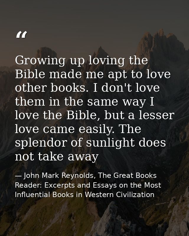 Growing up loving the Bible made me apt to love other books. I don't love them in the same way I love the Bible, but a l — John Mark Reynolds, The Great Books Reader: Excerpts and Essays on the Most Influential Books in Western Civilization