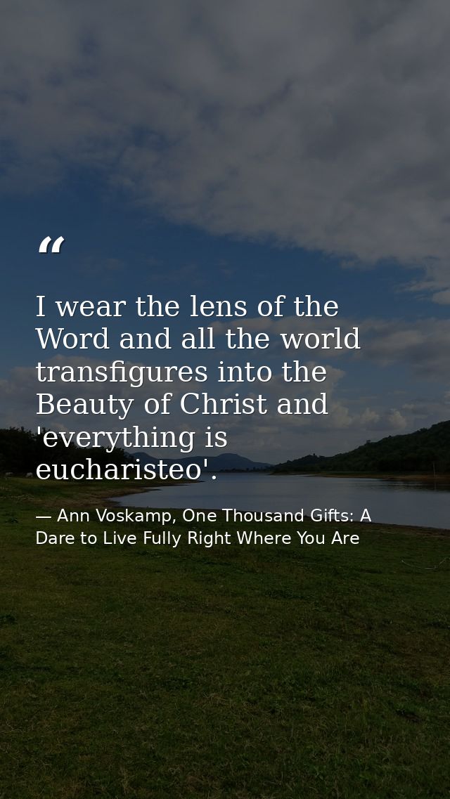 I wear the lens of the Word and all the world transfigures into the Beauty of Christ and 'everything is eucharisteo'. — Ann Voskamp, One Thousand Gifts: A Dare to Live Fully Right Where You Are