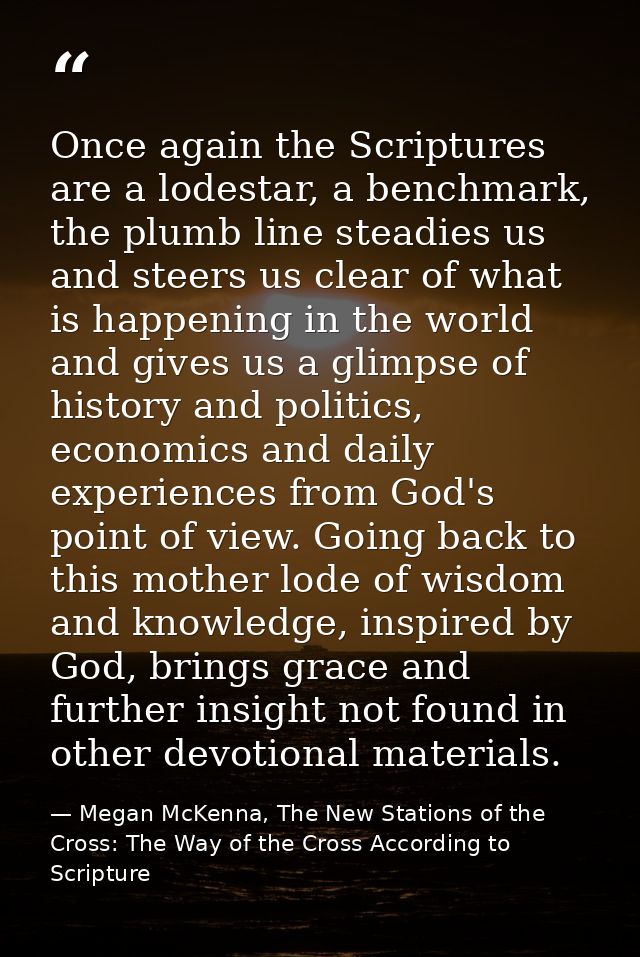 Once again the Scriptures are a lodestar, a benchmark, the plumb line steadies us and steers us clear of what is happeni — Megan McKenna, The New Stations of the Cross: The Way of the Cross According to Scripture
