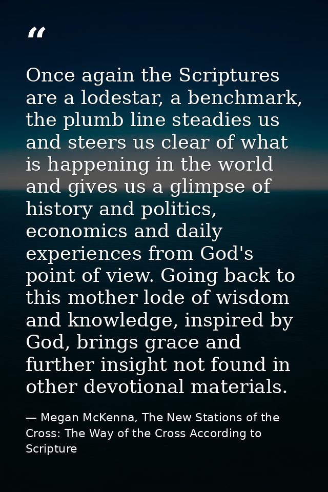 Once again the Scriptures are a lodestar, a benchmark, the plumb line steadies us and steers us clear of what is happeni — Megan McKenna, The New Stations of the Cross: The Way of the Cross According to Scripture