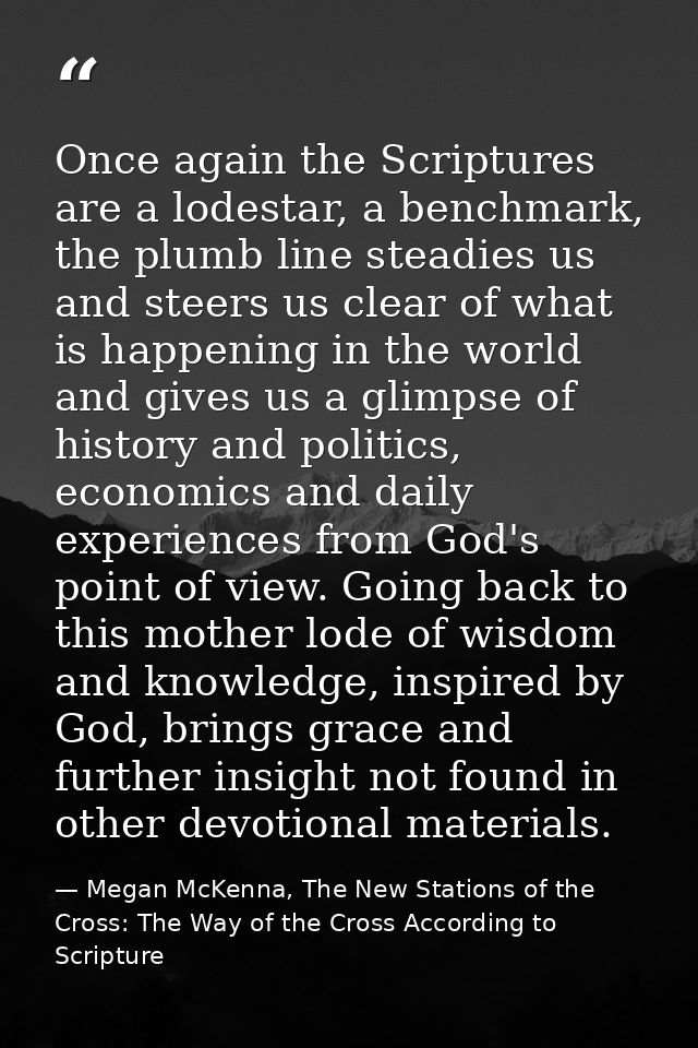 Once again the Scriptures are a lodestar, a benchmark, the plumb line steadies us and steers us clear of what is happeni — Megan McKenna, The New Stations of the Cross: The Way of the Cross According to Scripture