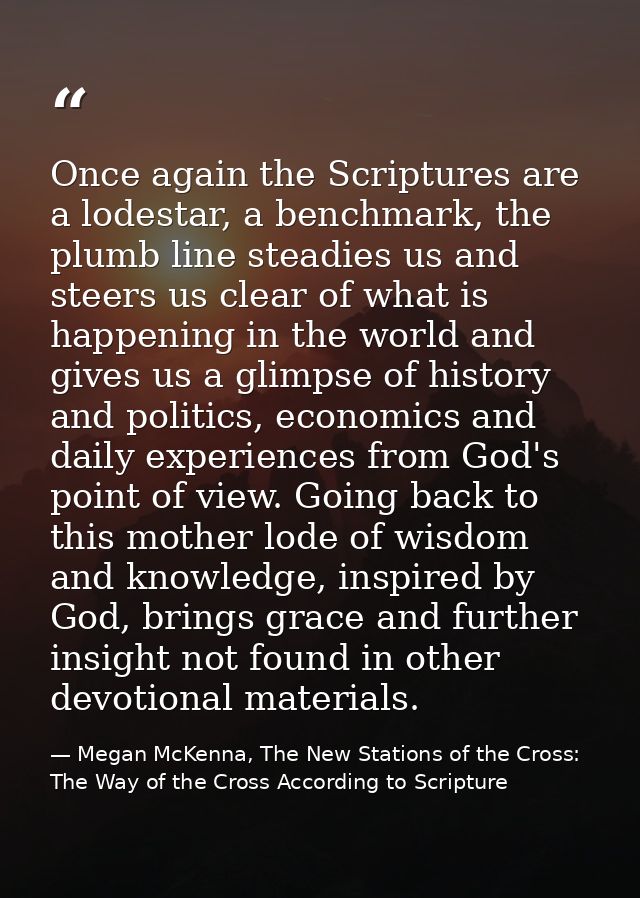Once again the Scriptures are a lodestar, a benchmark, the plumb line steadies us and steers us clear of what is happeni — Megan McKenna, The New Stations of the Cross: The Way of the Cross According to Scripture