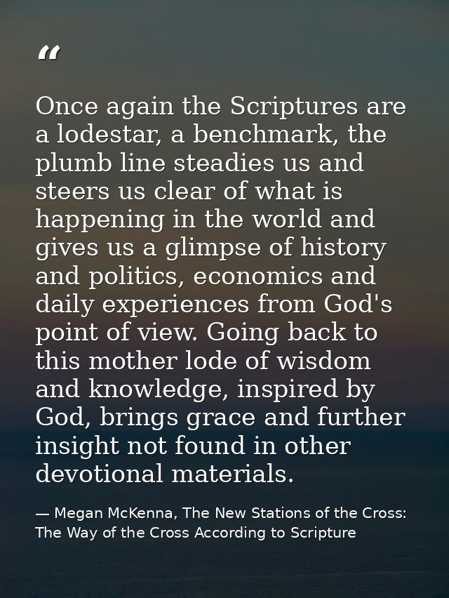 Once again the Scriptures are a lodestar, a benchmark, the plumb line steadies us and steers us clear of what is happeni — Megan McKenna, The New Stations of the Cross: The Way of the Cross According to Scripture