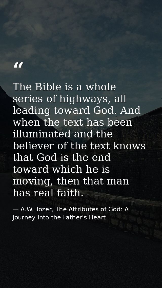 The Bible is a whole series of highways, all leading toward God. And when the text has been illuminated and the believer — A.W. Tozer, The Attributes of God: A Journey Into the Father's Heart