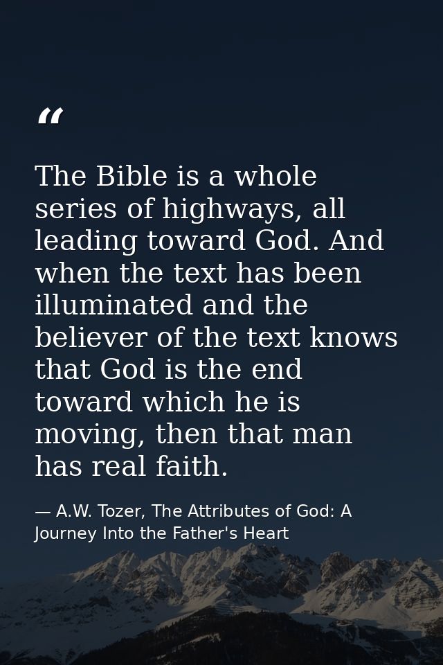 The Bible is a whole series of highways, all leading toward God. And when the text has been illuminated and the believer — A.W. Tozer, The Attributes of God: A Journey Into the Father's Heart