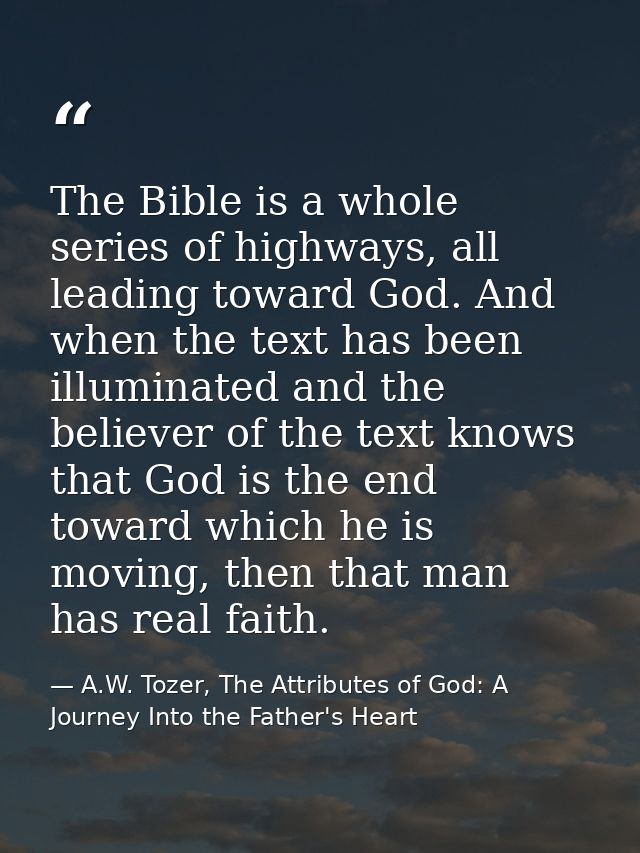 The Bible is a whole series of highways, all leading toward God. And when the text has been illuminated and the believer — A.W. Tozer, The Attributes of God: A Journey Into the Father's Heart