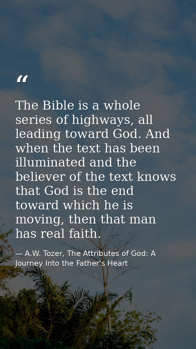 The Bible is a whole series of highways, all leading toward God. And when the text has been illuminated and the believer — A.W. Tozer, The Attributes of God: A Journey Into the Father's Heart