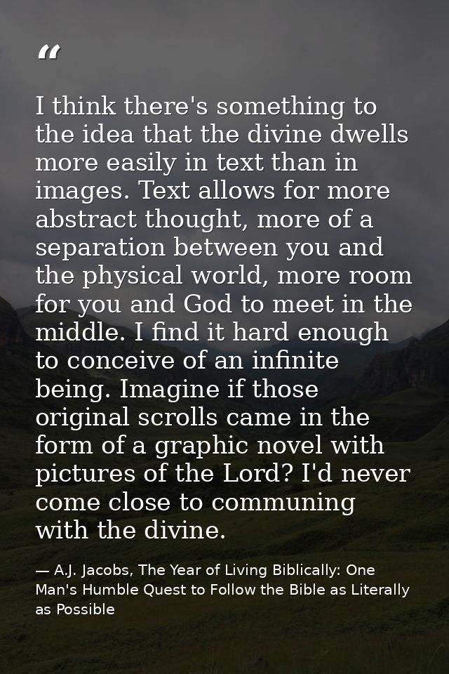 I think there's something to the idea that the divine dwells more easily in text than in images. Text allows for more ab — A.J. Jacobs, The Year of Living Biblically: One Man's Humble Quest to Follow the Bible as Literally as Possible