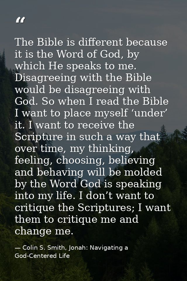 The Bible is different because it is the Word of God, by which He speaks to me. Disagreeing with the Bible would be disa — Colin S. Smith, Jonah: Navigating a God-Centered Life