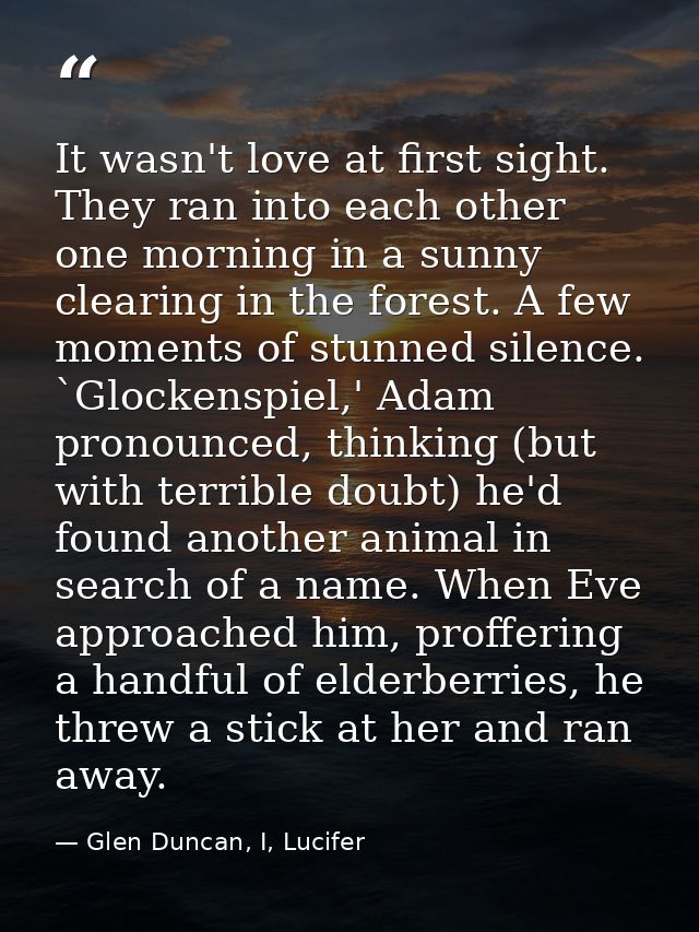 It wasn't love at first sight. They ran into each other one morning in a sunny clearing in the forest. A few moments of  — Glen Duncan, I, Lucifer
