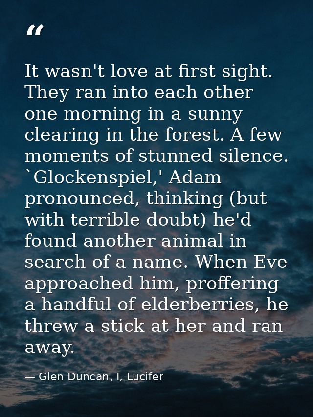 It wasn't love at first sight. They ran into each other one morning in a sunny clearing in the forest. A few moments of  — Glen Duncan, I, Lucifer