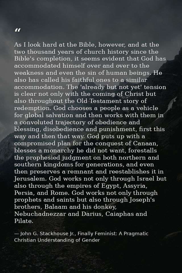As I look hard at the Bible, however, and at the two thousand years of church history since the Bible's completion, it s — John G. Stackhouse Jr., Finally Feminist: A Pragmatic Christian Understanding of Gender