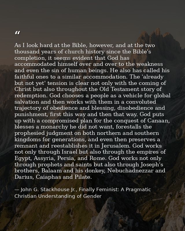 As I look hard at the Bible, however, and at the two thousand years of church history since the Bible's completion, it s — John G. Stackhouse Jr., Finally Feminist: A Pragmatic Christian Understanding of Gender