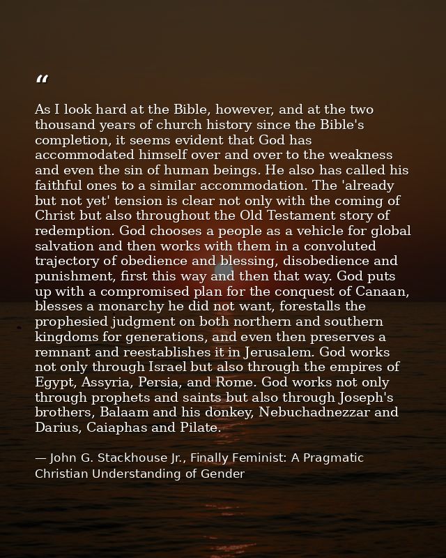 As I look hard at the Bible, however, and at the two thousand years of church history since the Bible's completion, it s — John G. Stackhouse Jr., Finally Feminist: A Pragmatic Christian Understanding of Gender