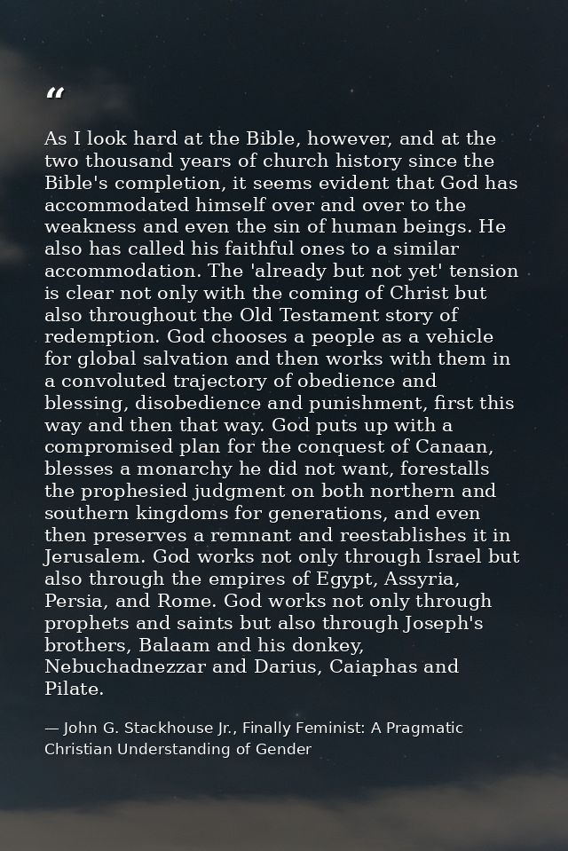 As I look hard at the Bible, however, and at the two thousand years of church history since the Bible's completion, it s — John G. Stackhouse Jr., Finally Feminist: A Pragmatic Christian Understanding of Gender