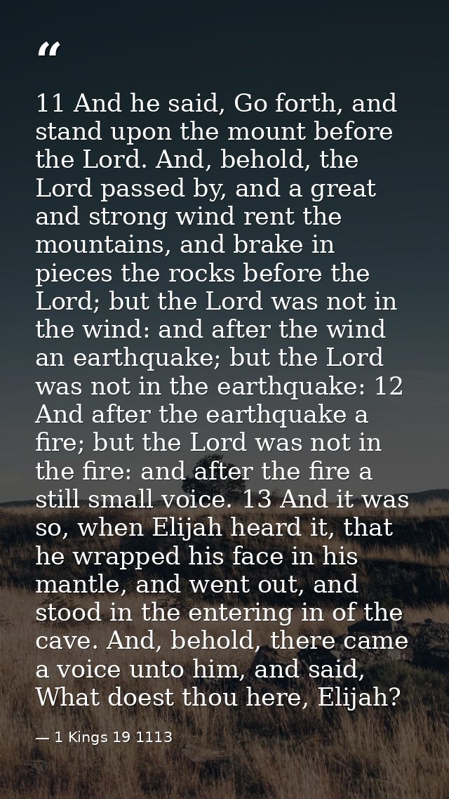 11 And he said, Go forth, and stand upon the mount before the Lord. And, behold, the Lord passed by, and a great and str — 1 Kings 19 1113