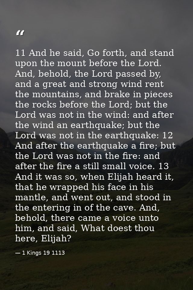 11 And he said, Go forth, and stand upon the mount before the Lord. And, behold, the Lord passed by, and a great and str — 1 Kings 19 1113