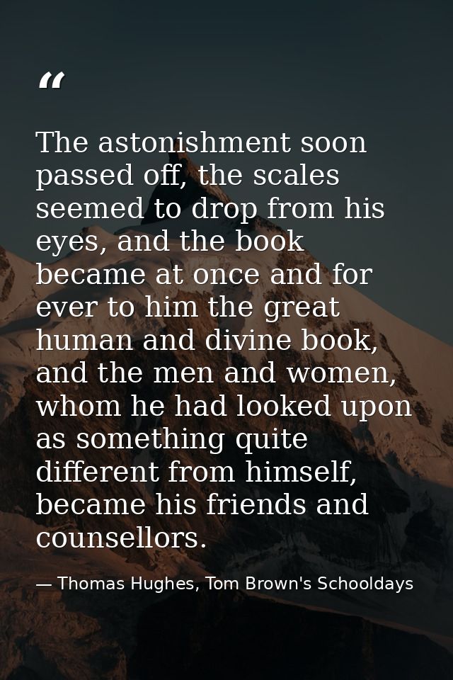 The astonishment soon passed off, the scales seemed to drop from his eyes, and the book became at once and for ever to h — Thomas Hughes, Tom Brown's Schooldays