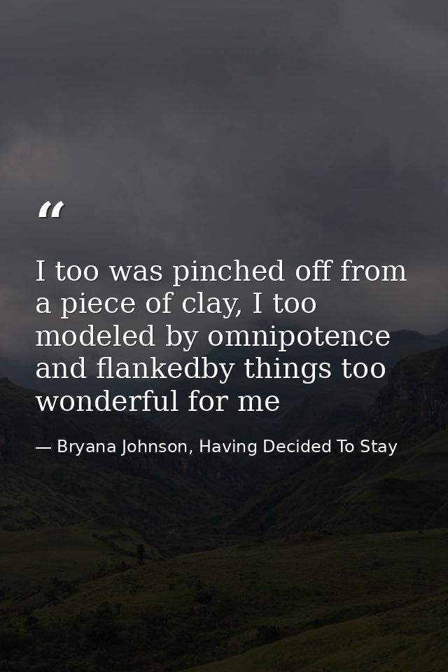I too was pinched off from a piece of clay, I too modeled by omnipotence and flankedby things too wonderful for me — Bryana Johnson, Having Decided To Stay