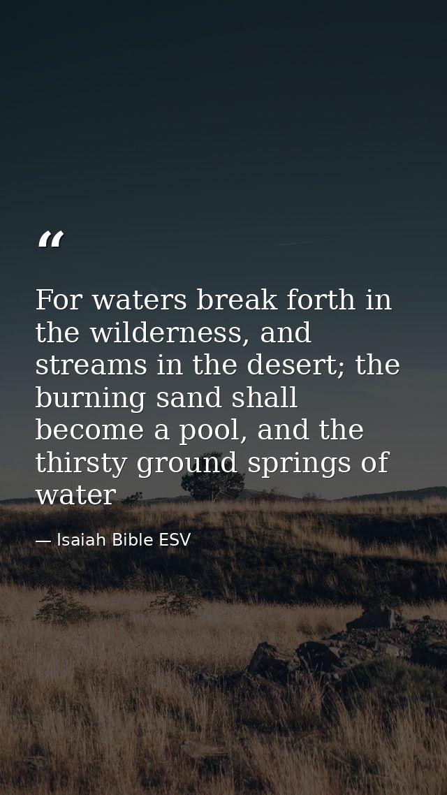 For waters break forth in the wilderness, and streams in the desert; the burning sand shall become a pool, and the thirs — Isaiah Bible ESV