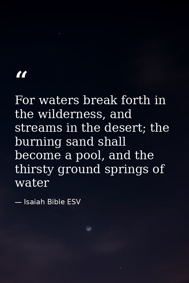 For waters break forth in the wilderness, and streams in the desert; the burning sand shall become a pool, and the thirs — Isaiah Bible ESV