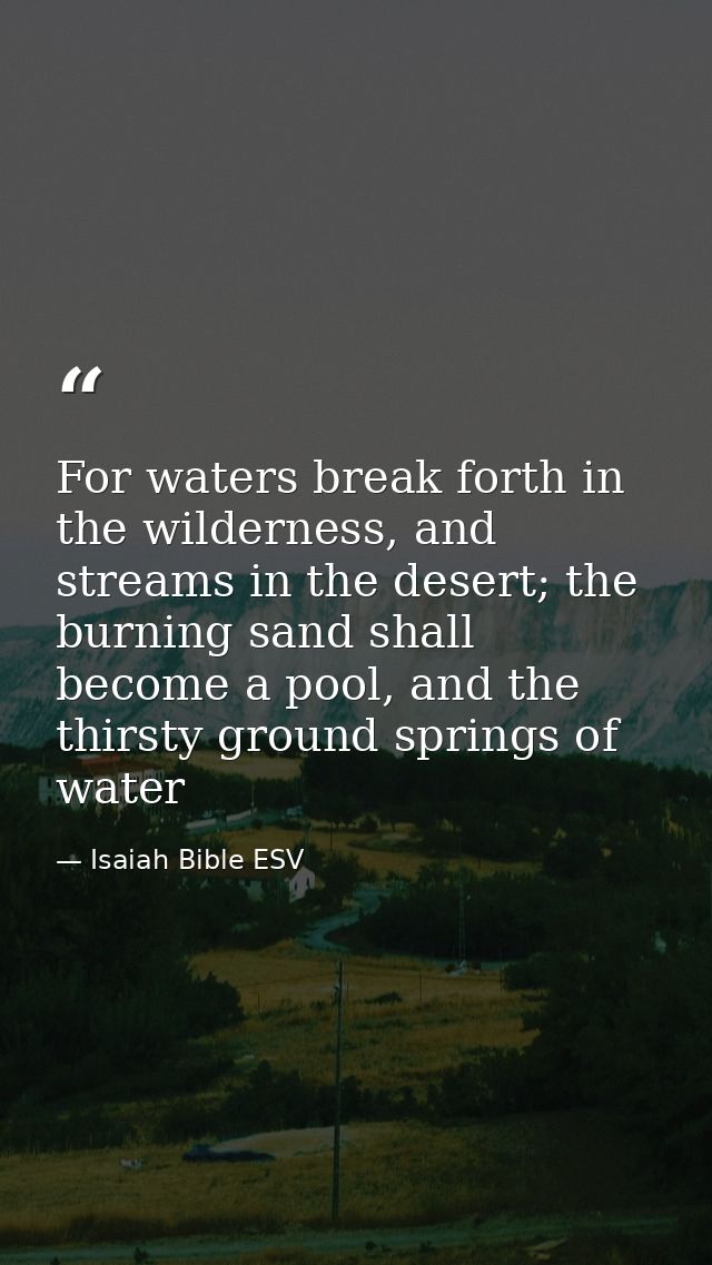 For waters break forth in the wilderness, and streams in the desert; the burning sand shall become a pool, and the thirs — Isaiah Bible ESV