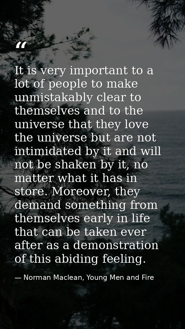 It is very important to a lot of people to make unmistakably clear to themselves and to the universe that they love the  — Norman Maclean, Young Men and Fire