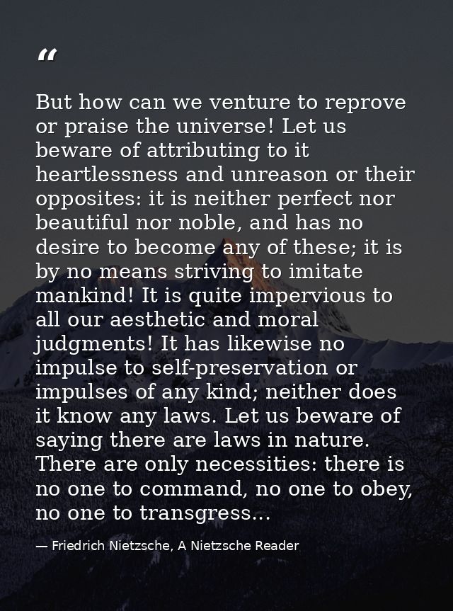 But how can we venture to reprove or praise the universe! Let us beware of attributing to it heartlessness and unreason  — Friedrich Nietzsche, A Nietzsche Reader