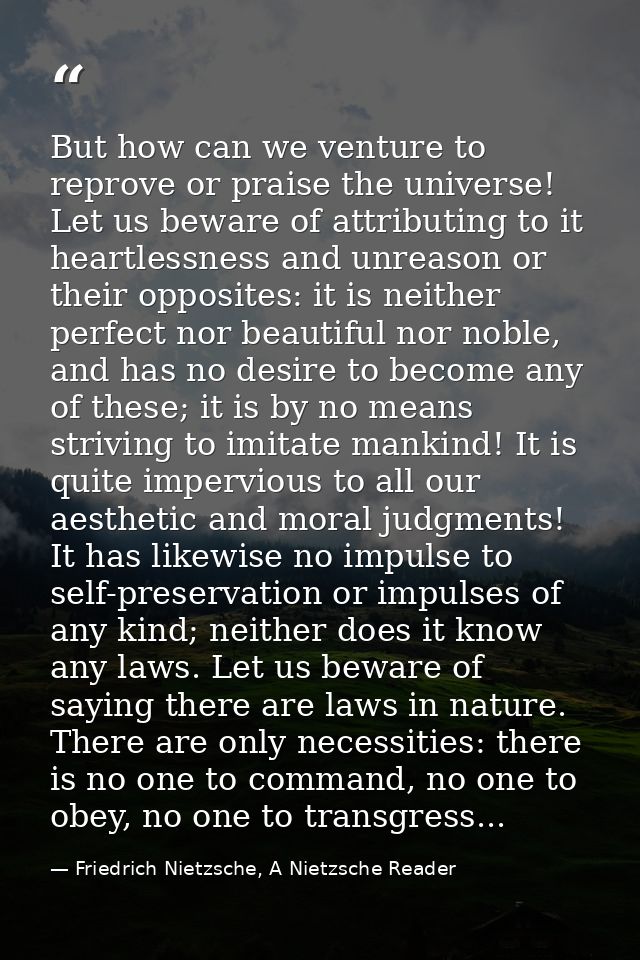 But how can we venture to reprove or praise the universe! Let us beware of attributing to it heartlessness and unreason  — Friedrich Nietzsche, A Nietzsche Reader
