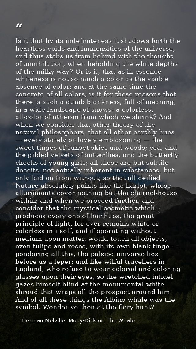 Is it that by its indefiniteness it shadows forth the heartless voids and immensities of the universe, and thus stabs us — Herman Melville, Moby-Dick or, The Whale
